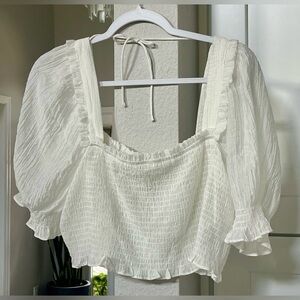 H&M Women's White Smocked Crop Top with Sheer Puff Sleeve & Ruffle Trim Size M